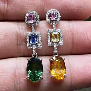 Halo Dangle Drop Earrings Oval Multicolor Stones, 30mm, 6 Gemstones